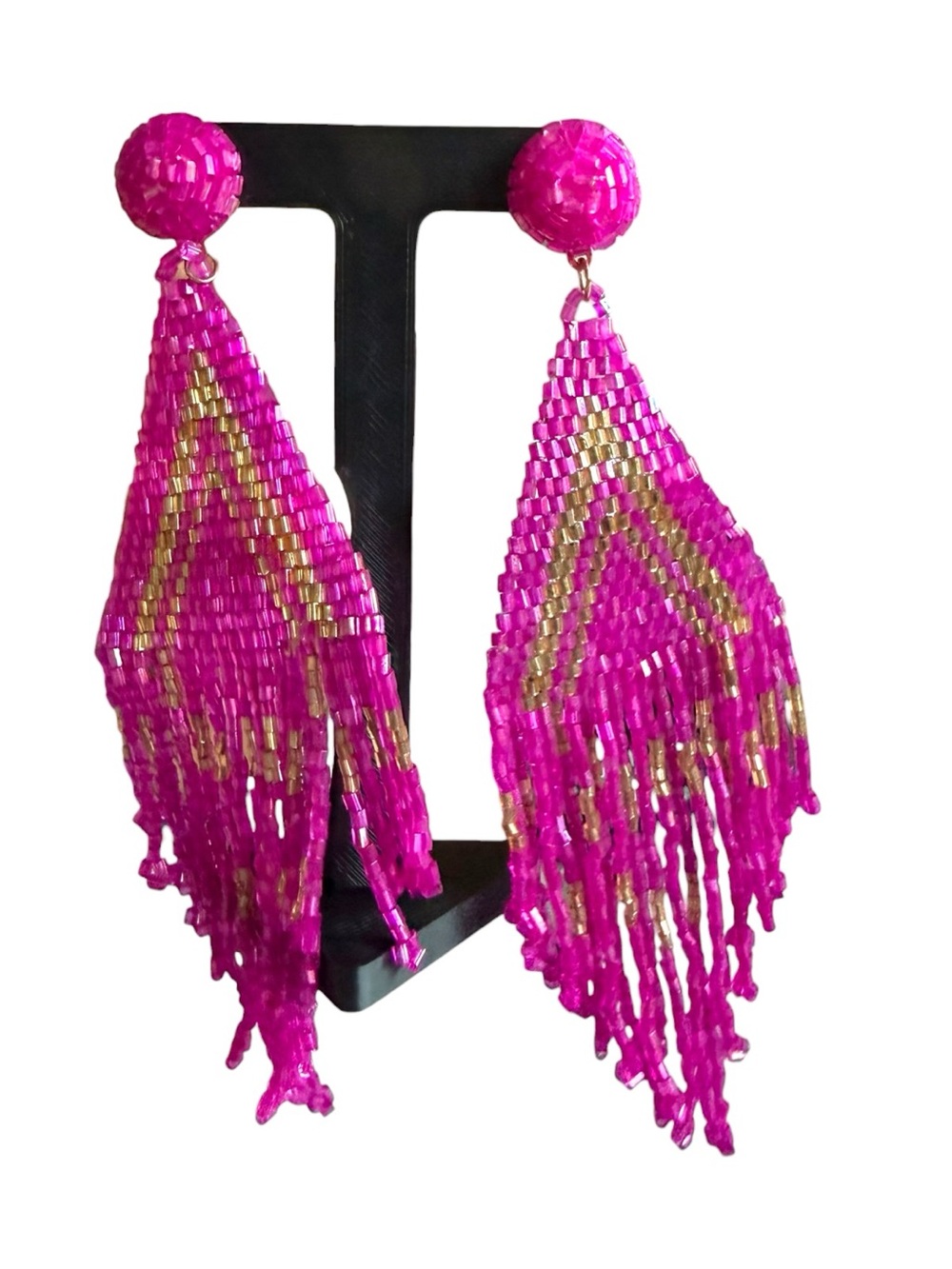 Natasha Couture Vibrant Pink and Gold Beaded Fringe Earrings